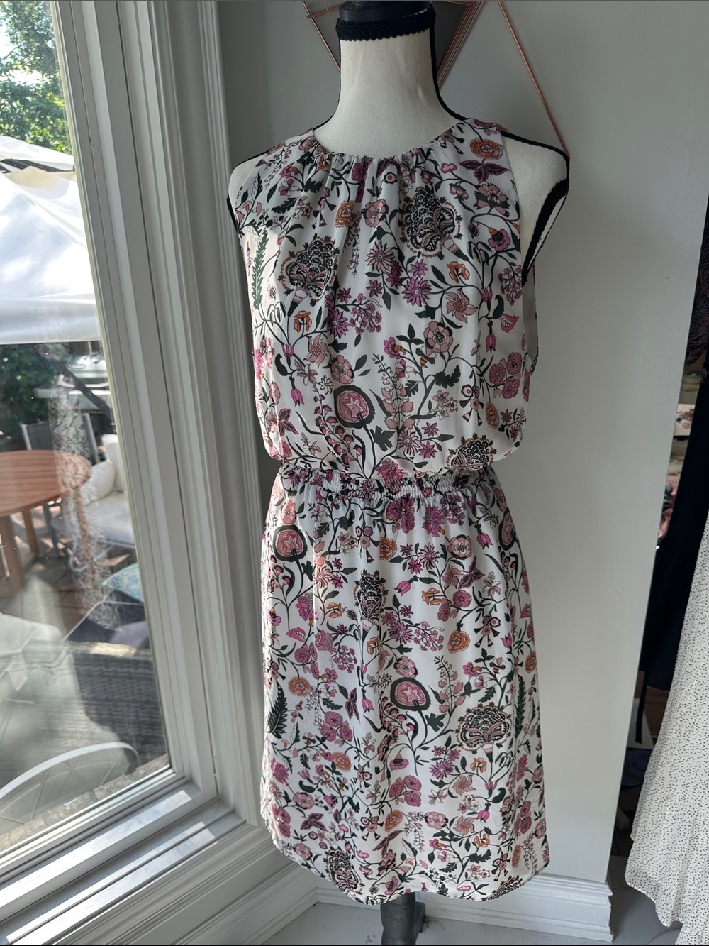 H&M Floral Sleeveless Elastic-Waist Dress White Pink Brunch Office Size 12